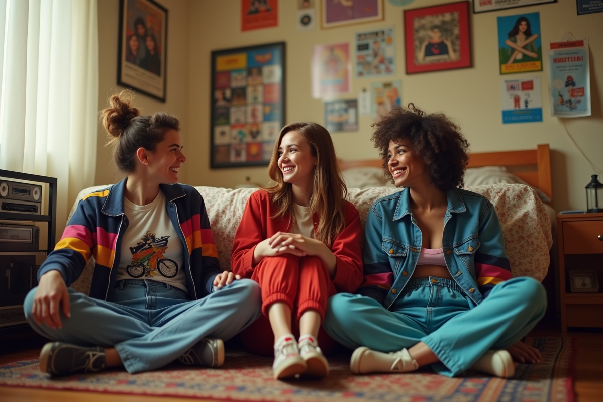 Trois amis dans une chambre rétro des années 80