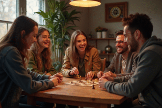 Groupe d'amis jouant à des jeux de société dans un salon chaleureux