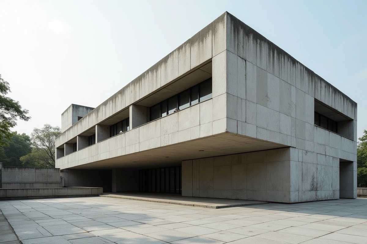 Façade en béton brut de décoffrage d'un bâtiment de style Marcel Breuer avec fenêtres en bandeaux horizontaux et volumes trapézoïdaux en porte-à-faux