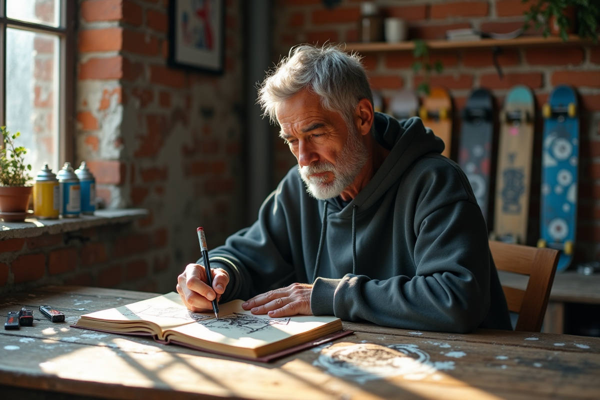 Homme moyenâgeux dessinant dans un studio d'art urbain