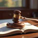 Gavel en bois sur un livre de droit dans un bureau élégant
