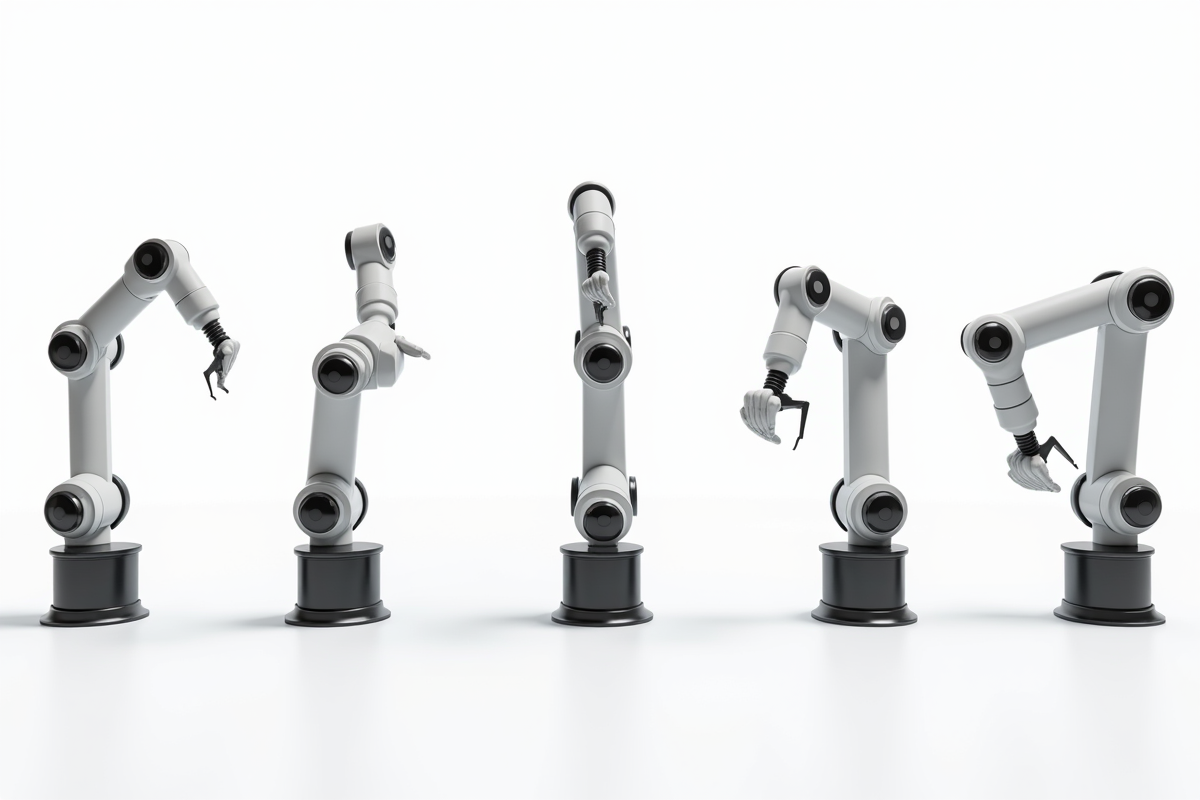 Cinq bras robotiques en progression sur fond blanc avec reflets