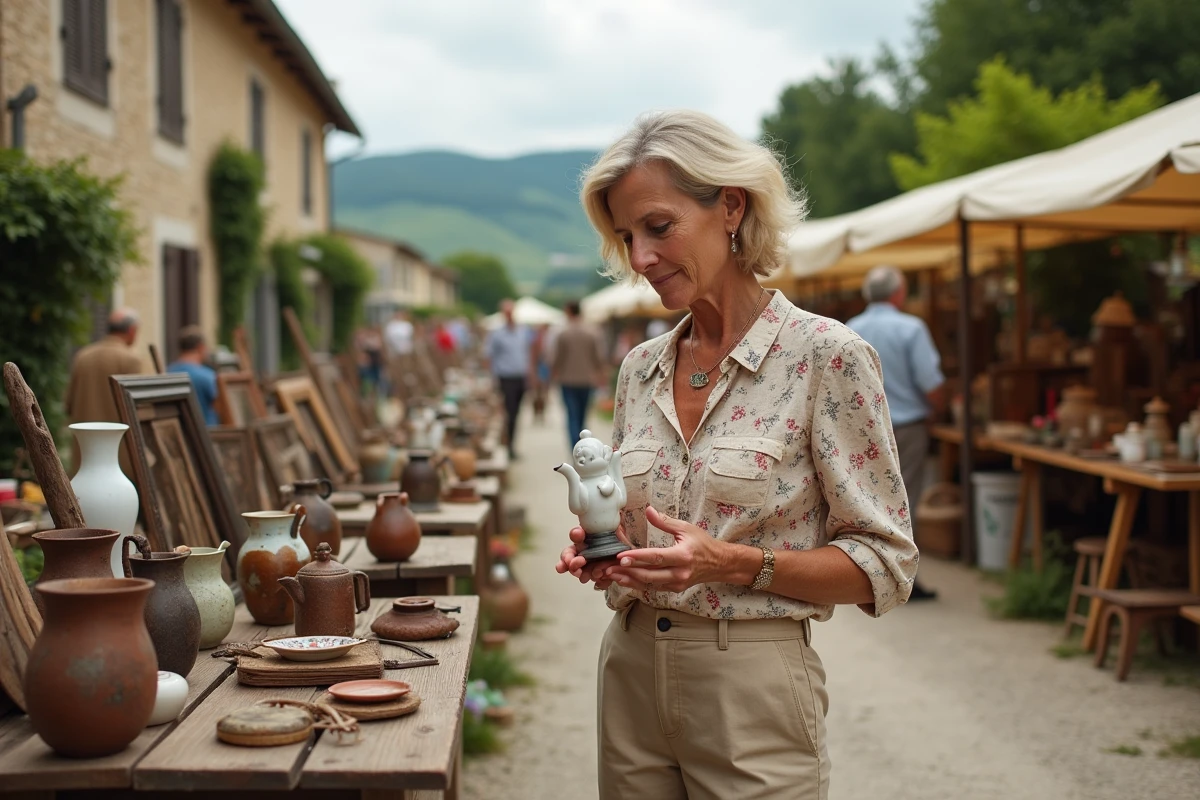 Femme inspectant des objets anciens sur un marché de brocante en plein air dans un village du Cantal
