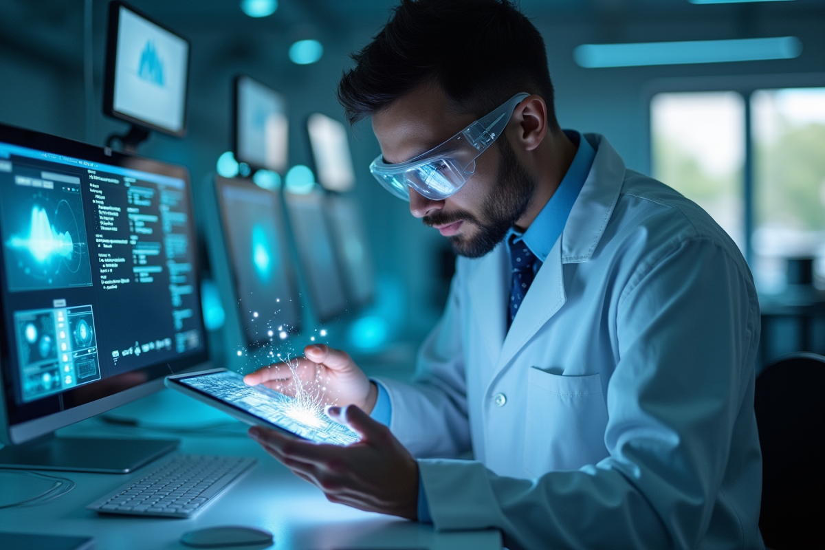 Scientifique dans un laboratoire moderne inspectant un dispositif lumineux
