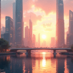 Ville futuriste au lever du soleil avec gratte-ciel modernes