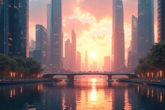 Ville futuriste au lever du soleil avec gratte-ciel modernes