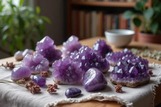 Collection de pierres précieuses violettes et améthystes disposées sur une surface en bois texturée avec des herbes séchées, évoquant la lithothérapie pour débutants