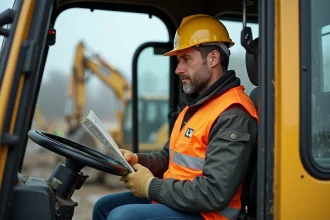 Conducteur de pelle mécanique dans la cabine consultant un document réglementaire sur un chantier de construction