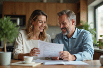 Couple souriant examinant documents de mortgage à la maison