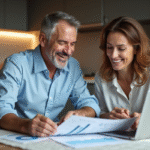Couple d'adultes analysant des documents financiers à la maison