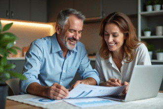 Couple d'adultes analysant des documents financiers à la maison