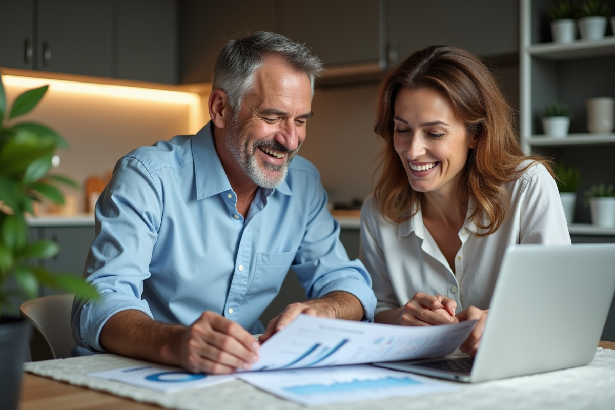 Couple d'adultes analysant des documents financiers à la maison
