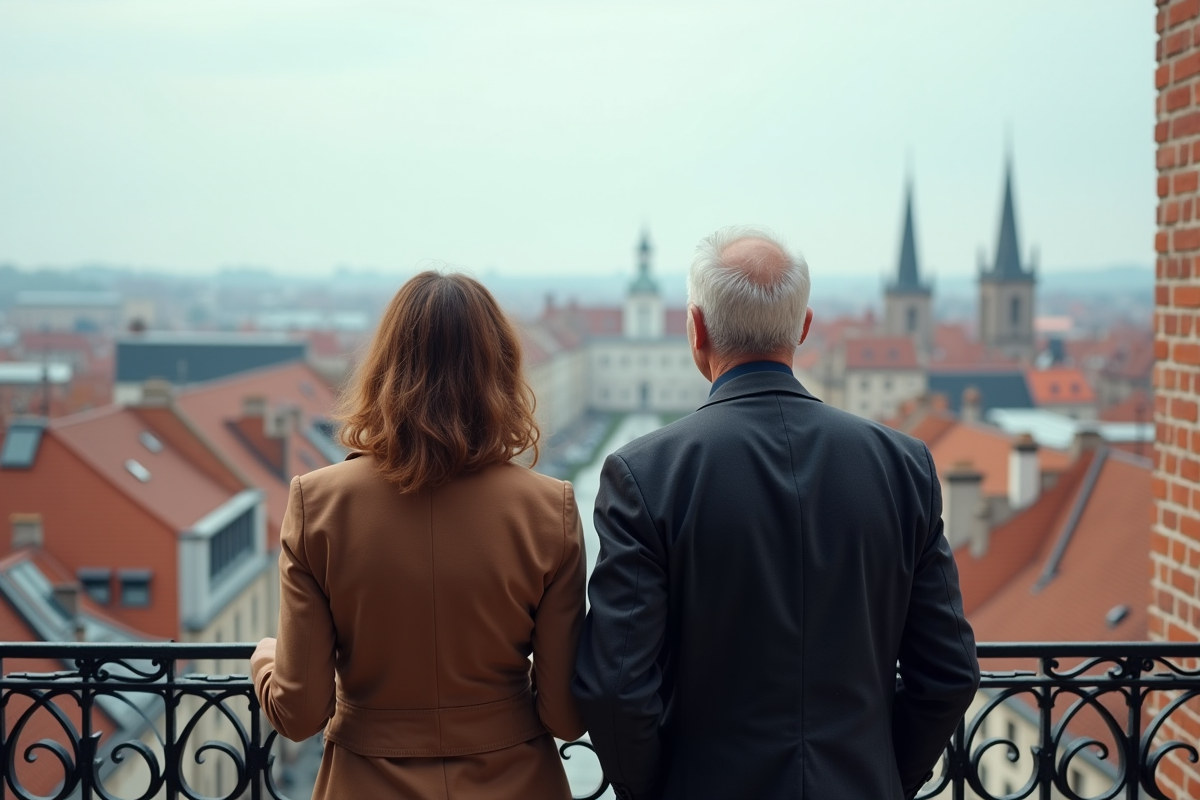 Couple admire la vue des toits de Lille depuis un balcon