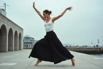 Danseuse contemporaine en mouvement sur une scène urbaine au Havre lors du festival Pharenheit 2026