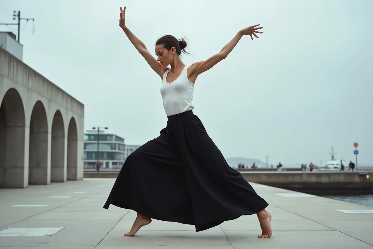 Danseuse contemporaine en mouvement sur une scène urbaine au Havre lors du festival Pharenheit 2026