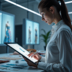 Créateur de mode utilisant une tablette numérique pour concevoir des vêtements futuristes dans un studio moderne