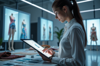 Créateur de mode utilisant une tablette numérique pour concevoir des vêtements futuristes dans un studio moderne