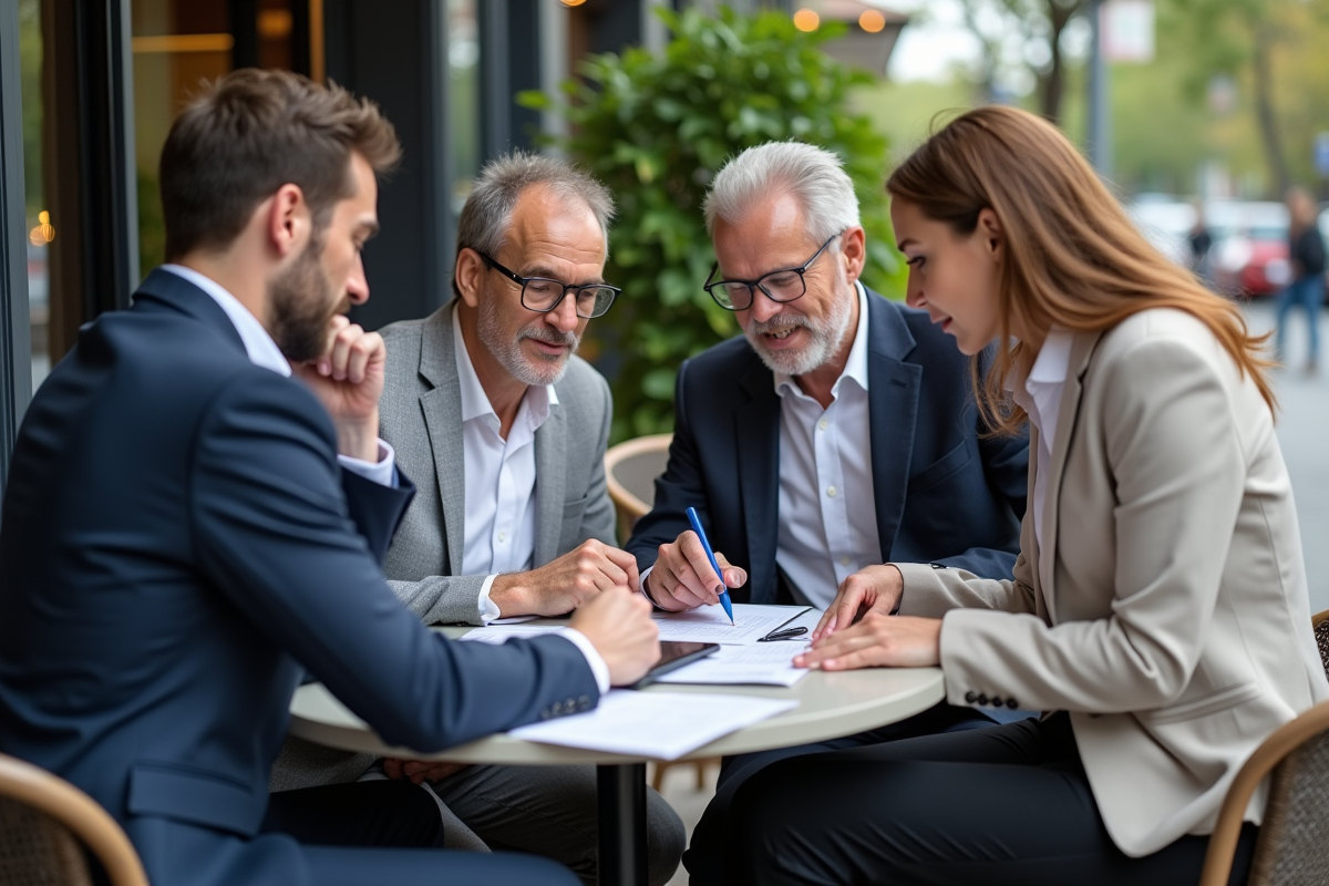 Groupe de quatre personnes discutant autour d une table en extérieur