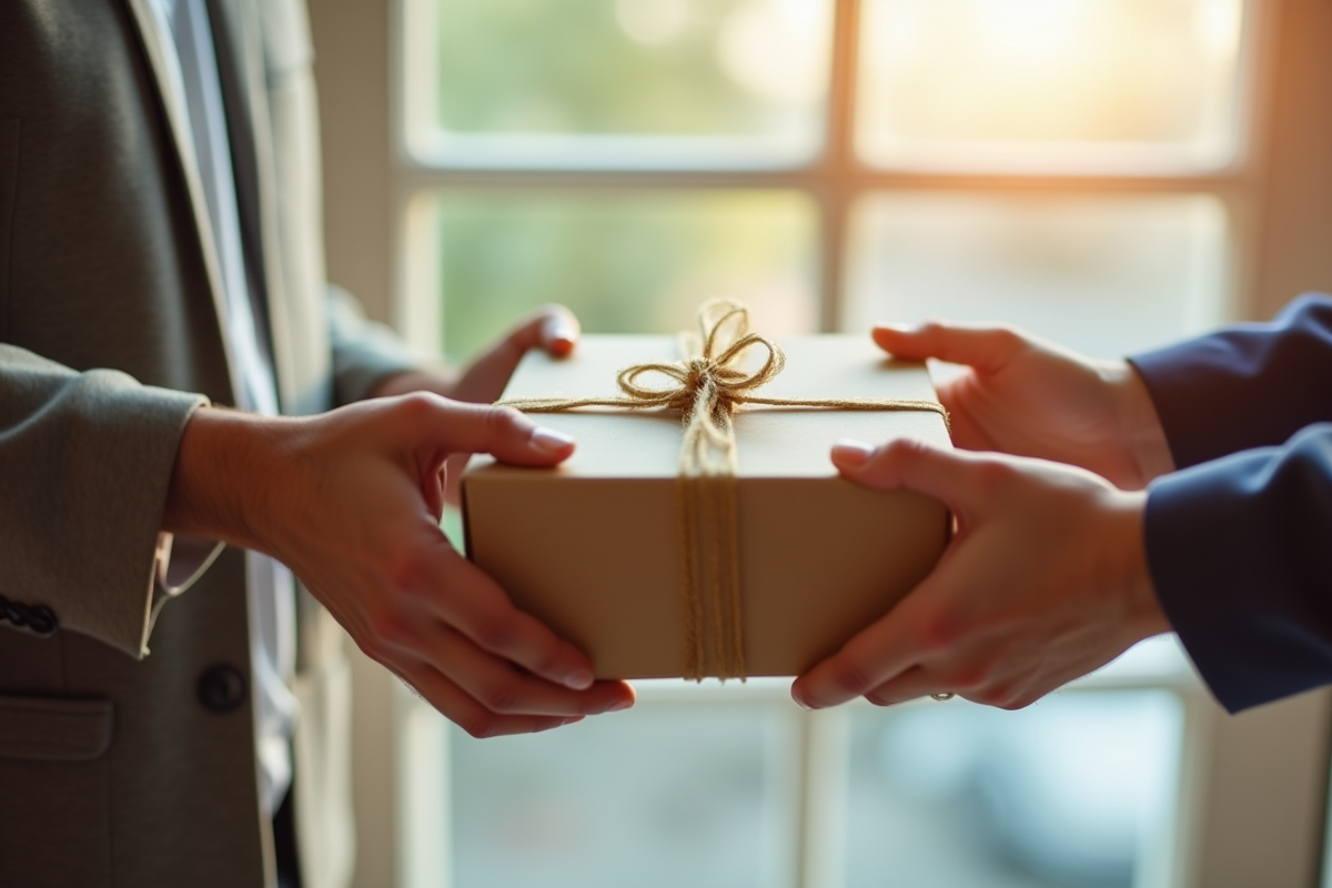 Echange de colis Vinted entre deux mains en lumière naturelle