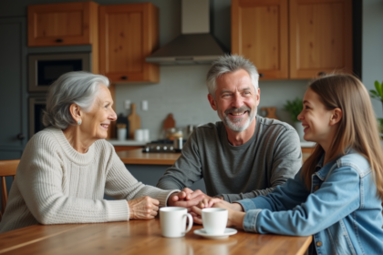 Trois générations de famille autour d'une table de cuisine