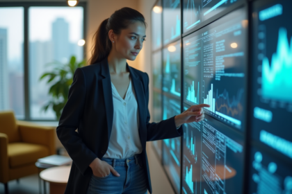 Femme en blazer étudiant des visualisations de données