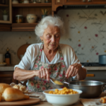 Femme âgée en cuisine rustique préparant une blanquette de dinde