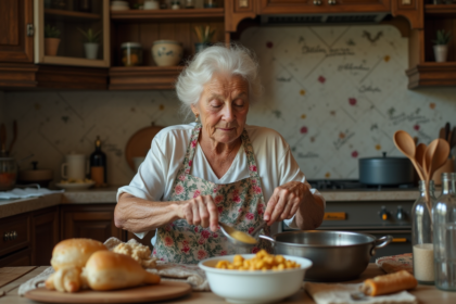Femme âgée en cuisine rustique préparant une blanquette de dinde