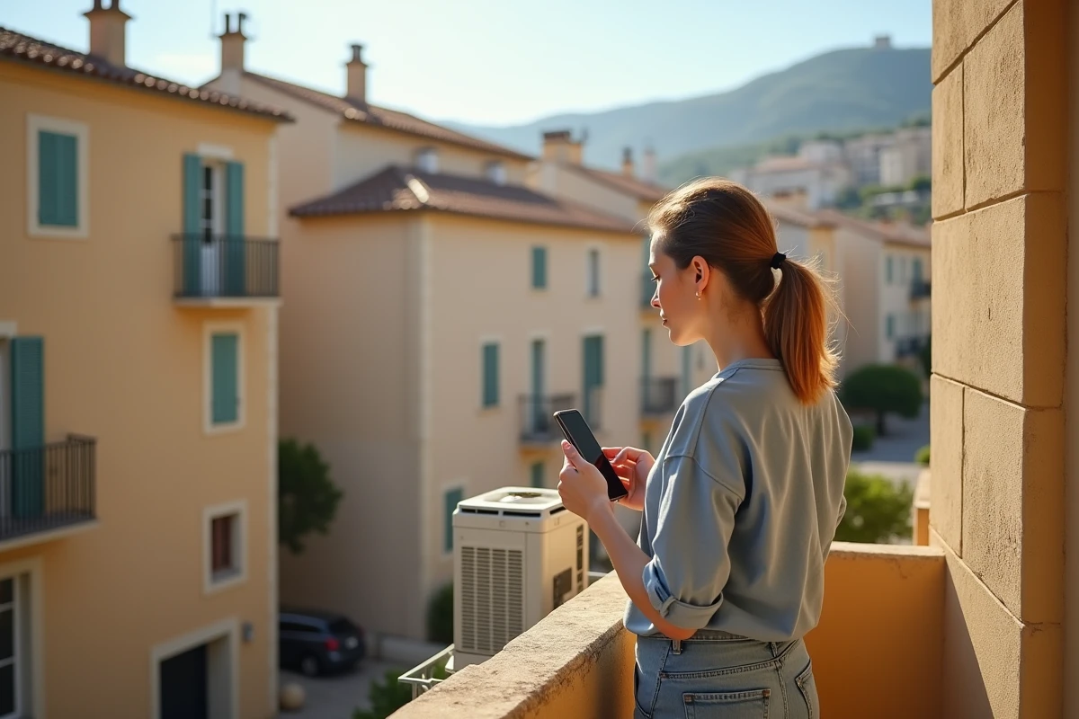 Jeune femme regardant une unité de climatisation défectueuse sur le balcon