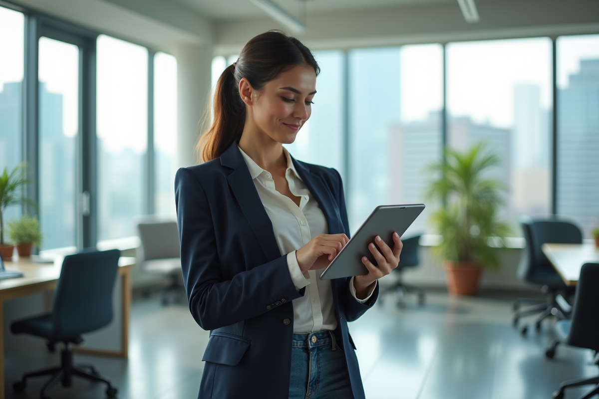 Jeune femme professionnelle utilisant une tablette dans un bureau moderne
