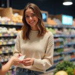 Femme souriante avec bon cadeau Cadhoc au supermarche