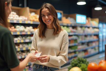 Femme souriante avec bon cadeau Cadhoc au supermarche