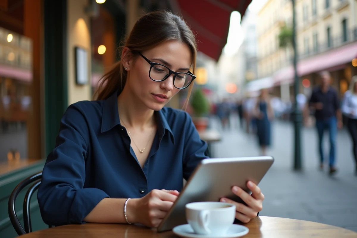 Femme vérifiant ses sites web au café en ville