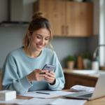 Femme souriante vérifiant une notification cashback à la maison