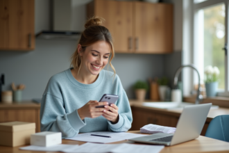 Femme souriante vérifiant une notification cashback à la maison