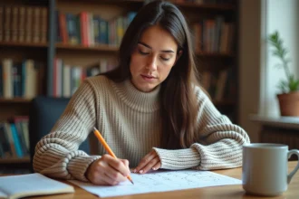 Femme concentrée résolvant un jeu de devinette de mots à son bureau en bois avec un crayon à la main