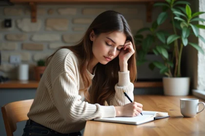 Jeune femme écrivant 1441 dans un carnet à la maison