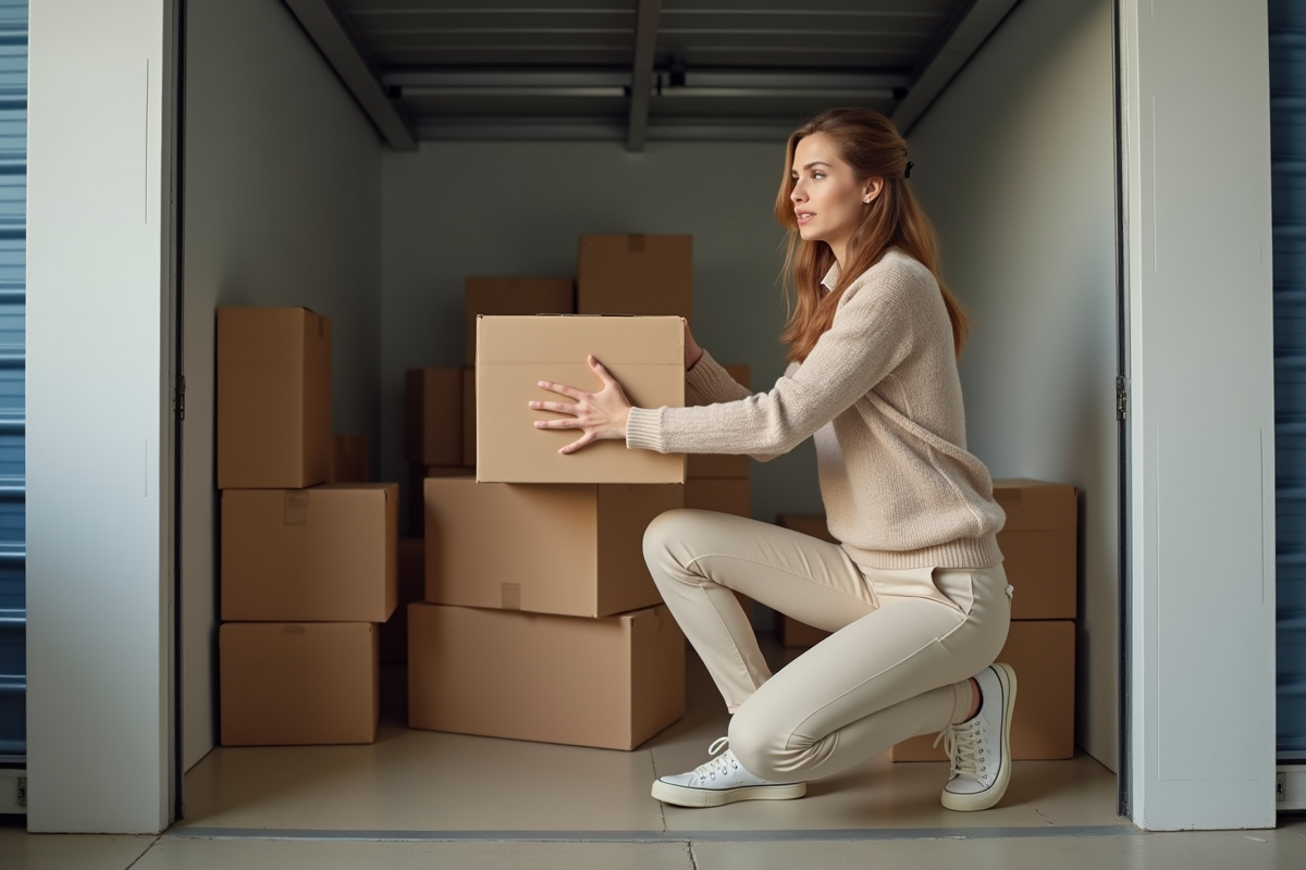 Jeune femme emballant des cartons dans un espace de stockage