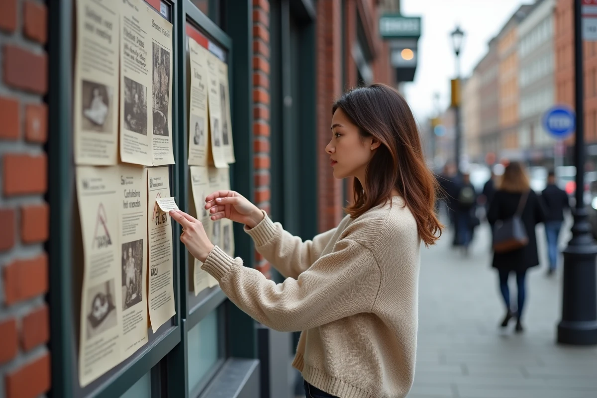 Jeune femme regardant des flyers dans la rue urbaine