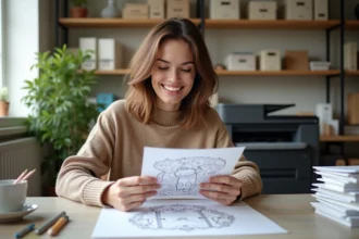Femme examinant une page de coloriage dans un bureau lumineux