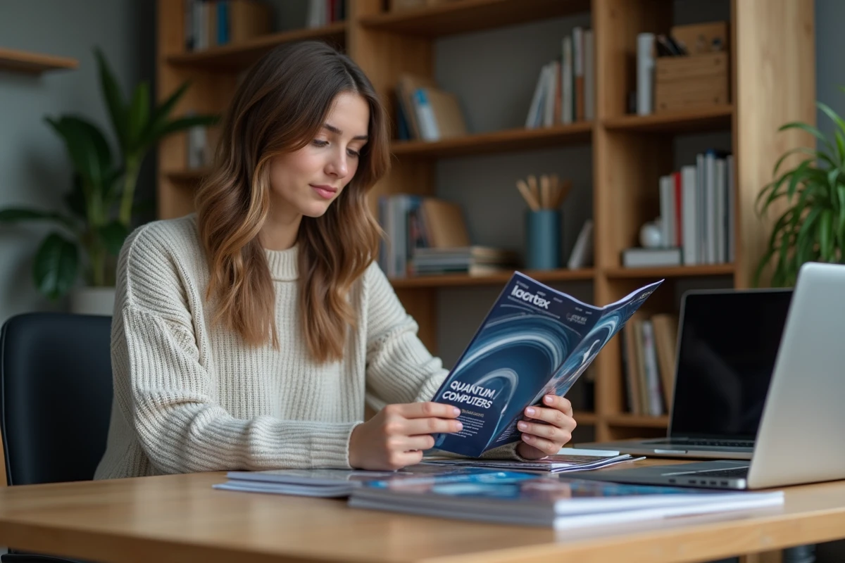 Jeune femme lit une brochure sur les ordinateurs quantiques