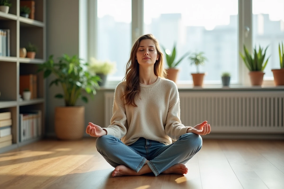 Femme méditant dans un salon minimaliste avec plantes vertes