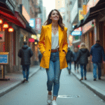 Femme stylée en 80s dans la ville avec blazer coloré