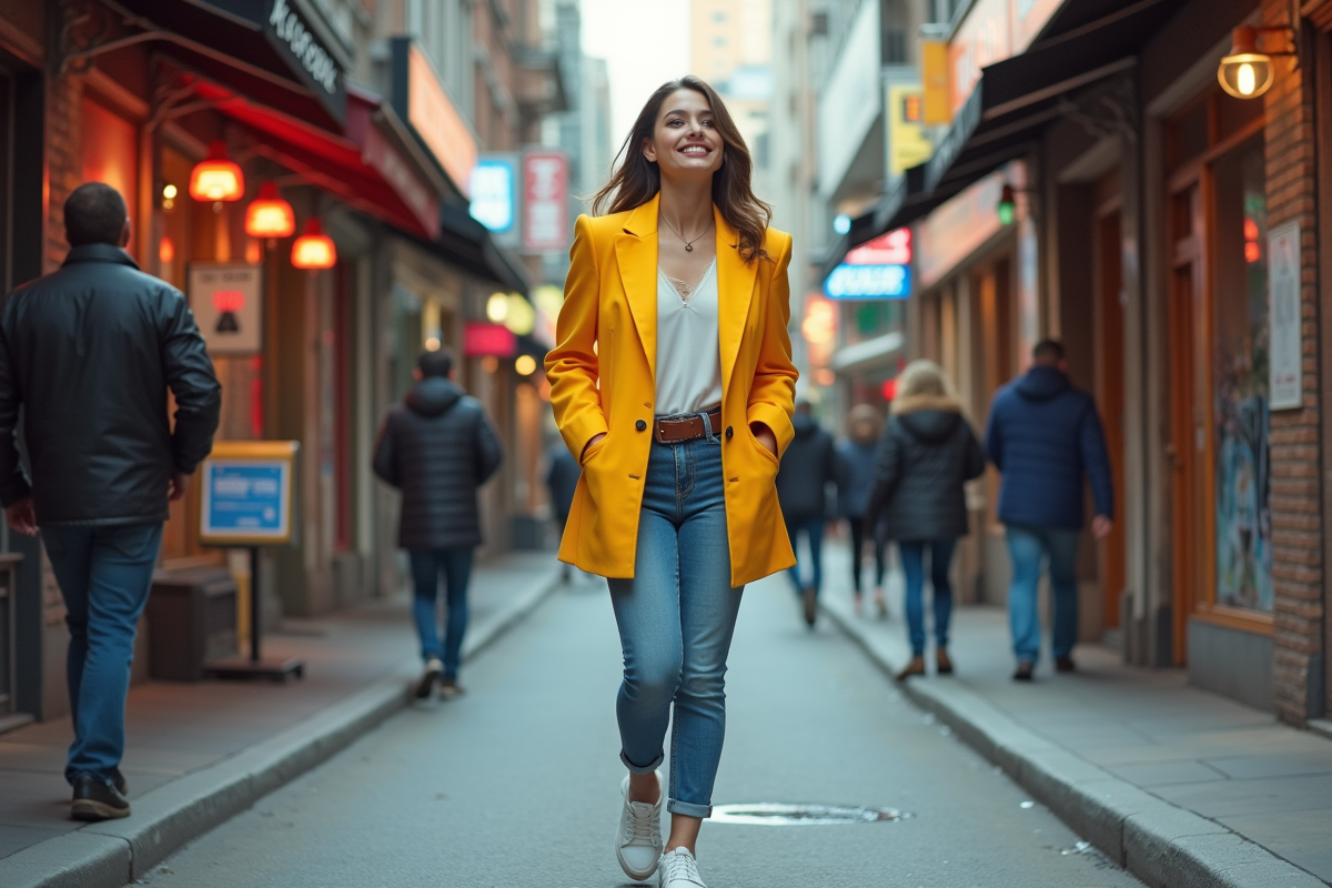 Femme stylée en 80s dans la ville avec blazer coloré