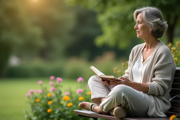 Femme méditative assise sur un banc dans un jardin paisible