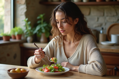 Femme méditerranéenne mangeant une salade dans une cuisine lumineuse