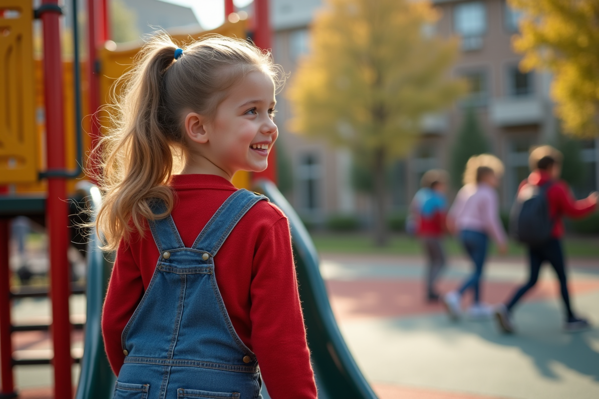 Jeune fille souriante sur un toboggan dans un parc