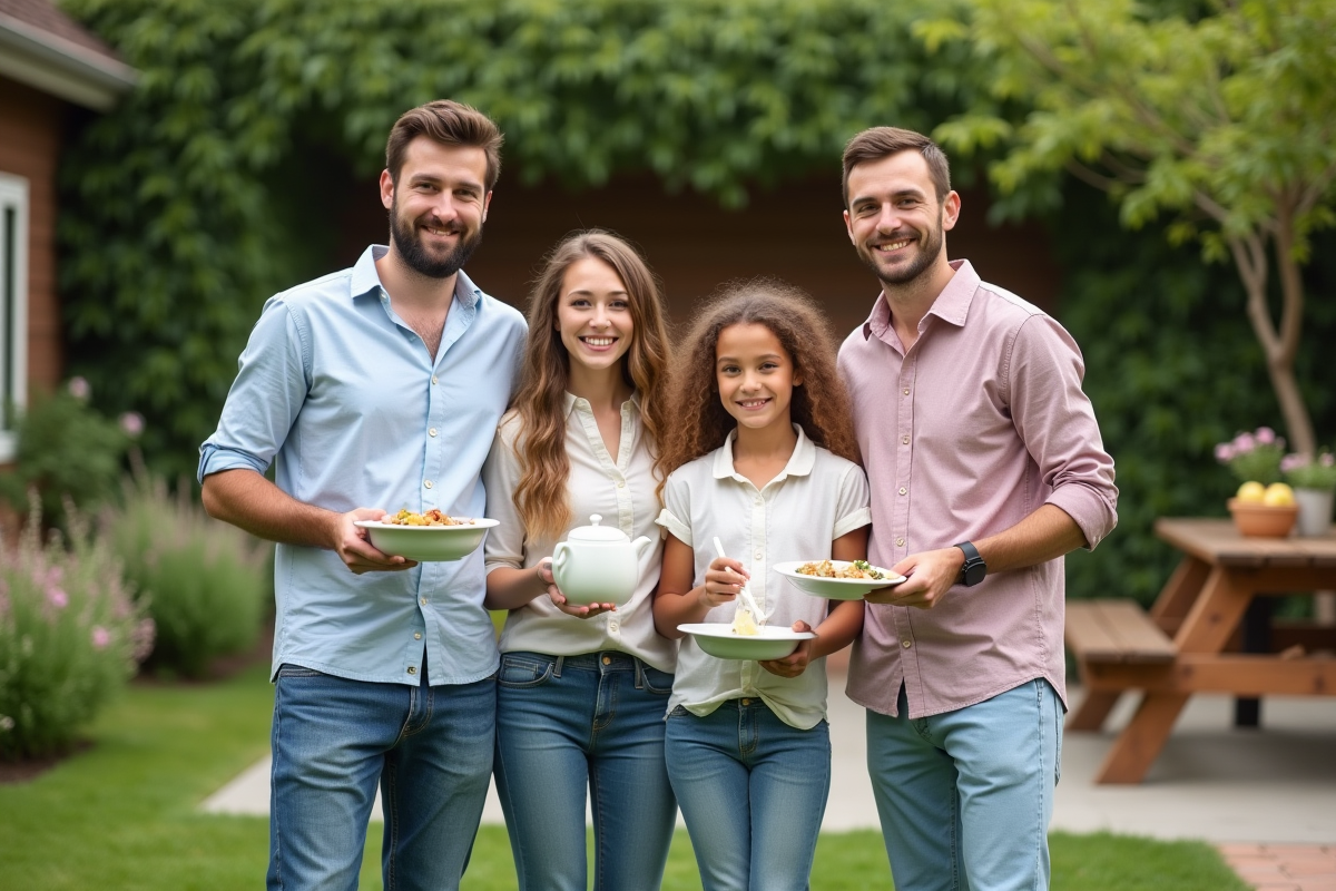 Quatre frères et sœurs posant dans un jardin en été