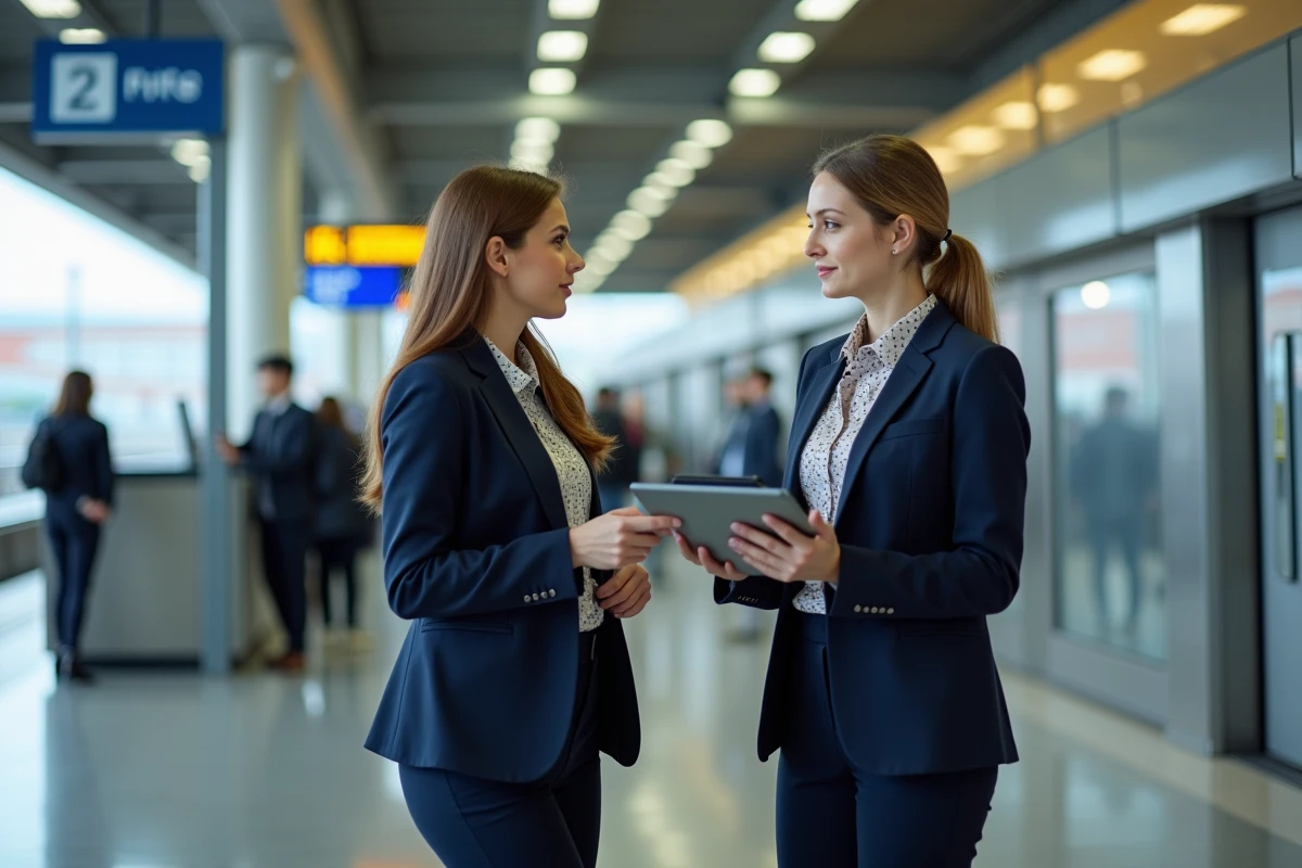 Gestionnaire discutant avec un collègue dans une gare moderne