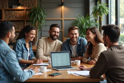 Groupe de jeunes adultes travaillant ensemble dans un espace moderne