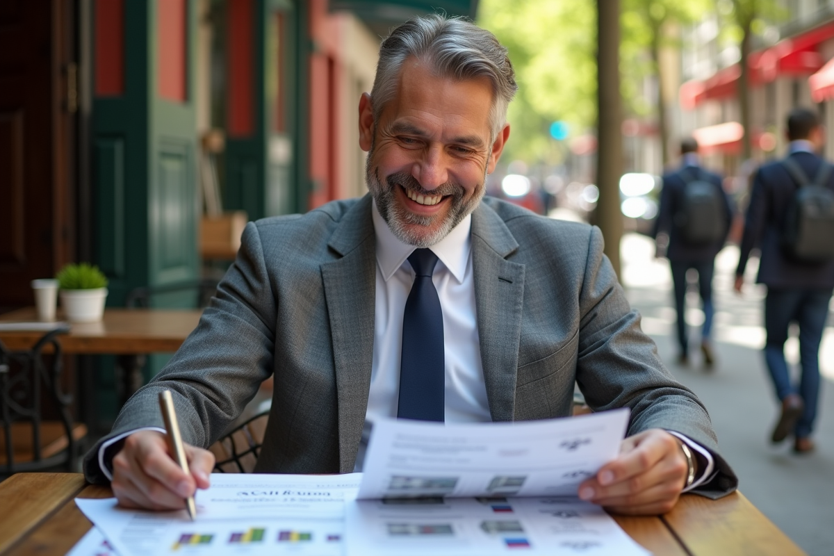 Homme souriant analysant documents immobiliers en terrasse